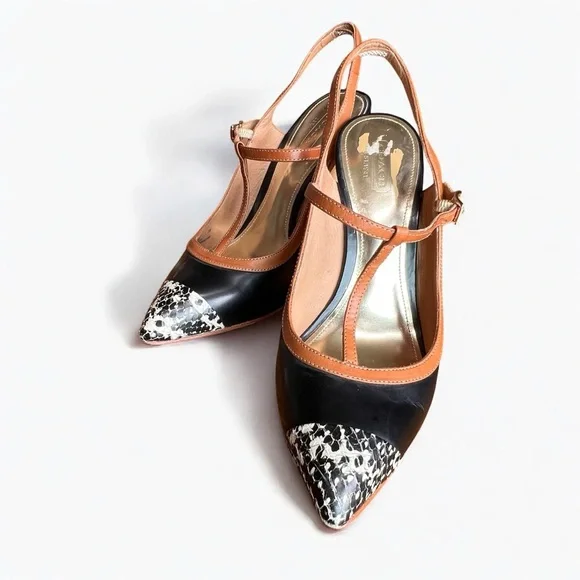 ⭐️ Coach Black Tan Slingback Heels T-Strap with Chunky Heel Size 8B - Picture 4 of 14